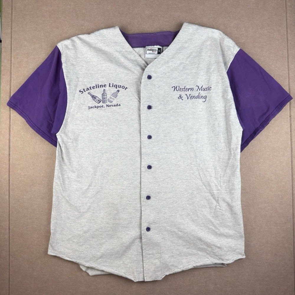 Vintage Badger Sport XL Jersey Shirt Gray Purple Stateline Liquor Made USA #7